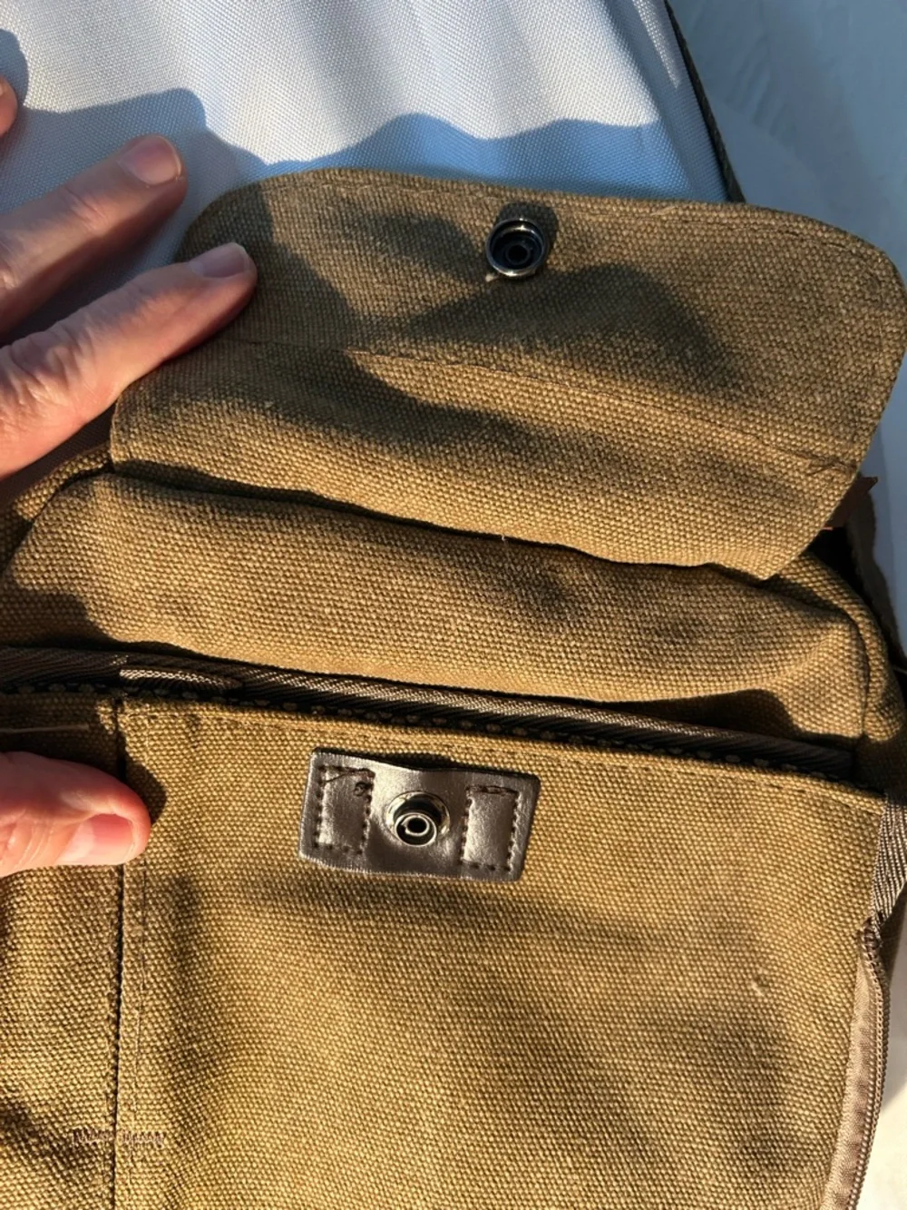 Canvas Crossbody Khaki Bag for Men compact size of approximately 9”x9”
